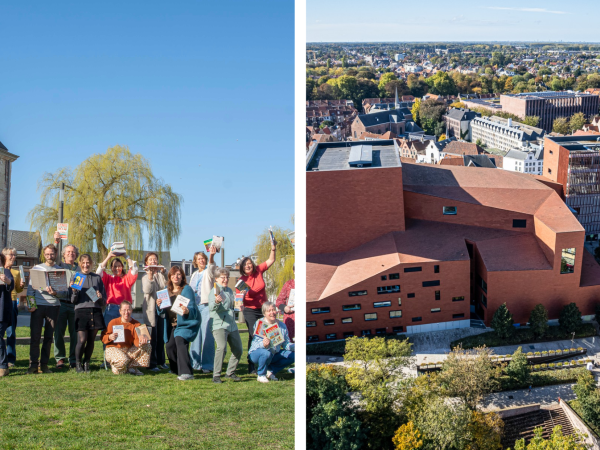 Afbeeldingen van mensen voor gebouwen: links Mechelen 2026 en rechts Brugge 2027, beide gaststeden voor de Literatuurprijs de Boon.